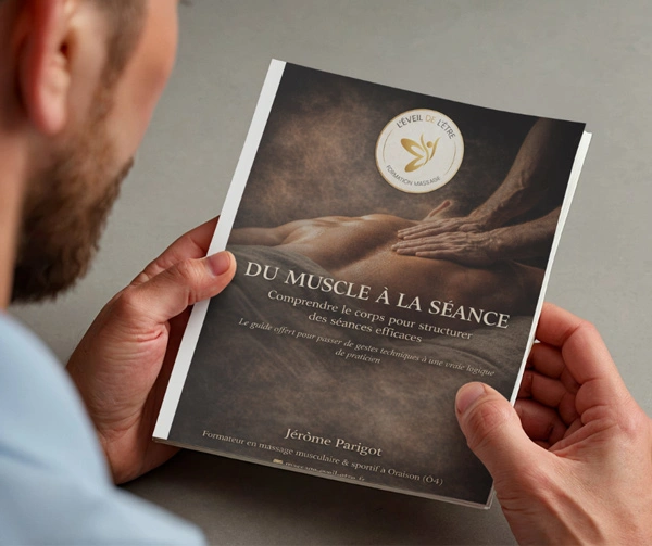 guide-massage-musculaire-eveil-etre Couverture du guide pédagogique Du Muscle à la Séance par Jérôme Parigot, formateur en massage musculaire.